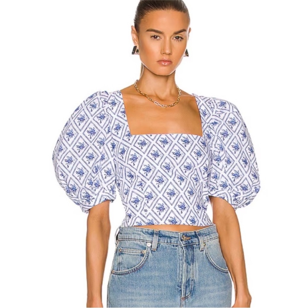 CAROLINE CONSTAS Tessa Blue and White Puff Sleeve Blouse